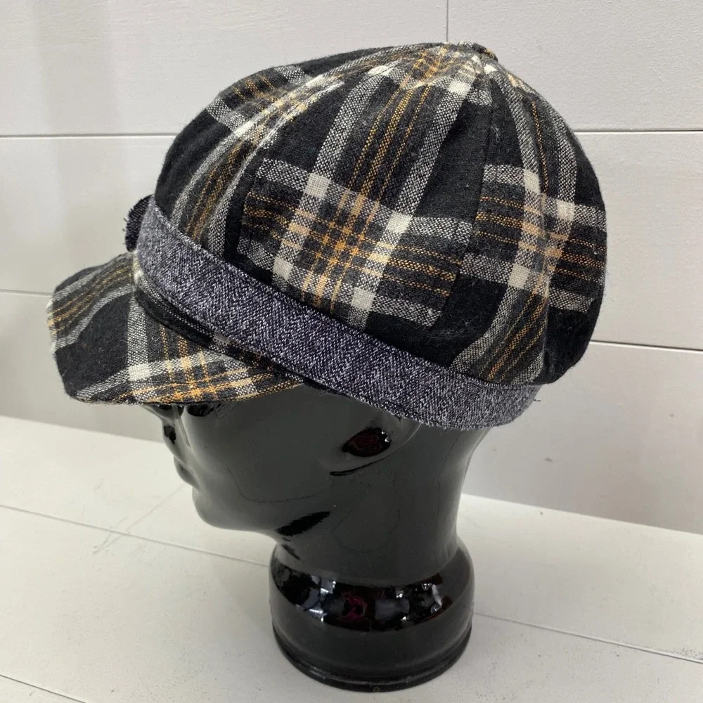 Y2K Trixie Plaid Newsboy Hat Womens Flower Accent Black Tan Wool Blend Mall Brat
